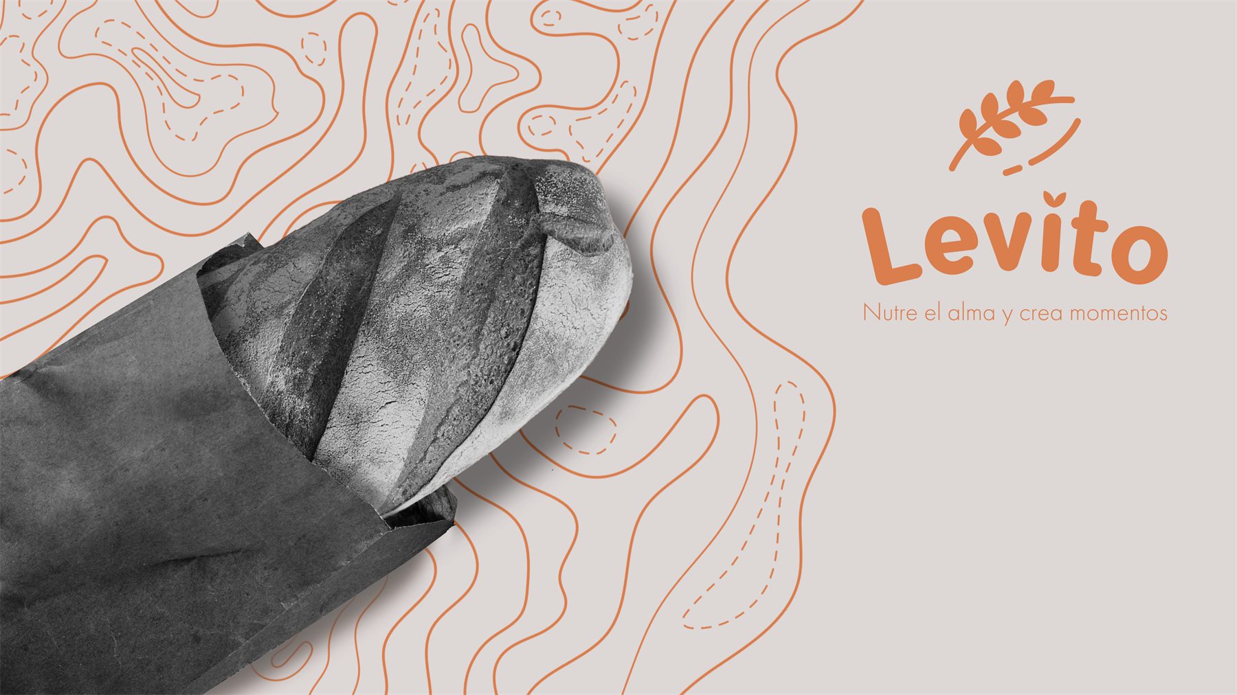 Identidad de Levito: pan de masa madre sobre fondo de líneas naranjas
